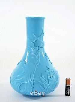 Vintage Chinese Sky Blue Peking Glass Carved Carving Vase Bird Flower