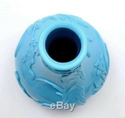 Vintage Chinese Sky Blue Peking Glass Carved Carving Vase Bird Flower