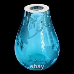 Vintage Chinoiserie Blue Glass Crystal Etched Birds Tree Signed Vase RARE Heavy