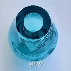 Vintage Chinoiserie Blue Glass Crystal Etched Birds Tree Signed Vase RARE Heavy