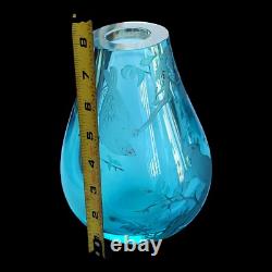 Vintage Chinoiserie Blue Glass Crystal Etched Birds Tree Signed Vase RARE Heavy
