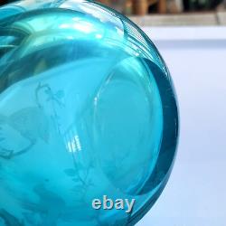 Vintage Chinoiserie Blue Glass Crystal Etched Birds Tree Signed Vase RARE Heavy