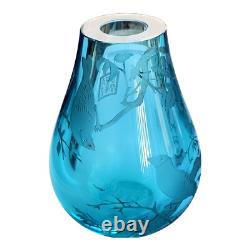 Vintage Chinoiserie Blue Glass Crystal Etched Birds Tree Signed Vase RARE Heavy