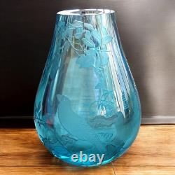 Vintage Chinoiserie Blue Glass Crystal Etched Birds Tree Signed Vase RARE Heavy