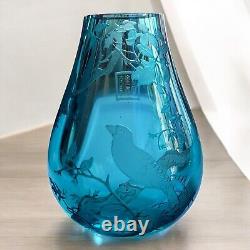 Vintage Chinoiserie Blue Glass Crystal Etched Birds Tree Signed Vase RARE Heavy