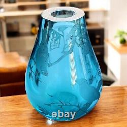 Vintage Chinoiserie Blue Glass Crystal Etched Birds Tree Signed Vase RARE Heavy