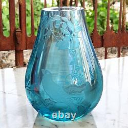 Vintage Chinoiserie Blue Glass Crystal Etched Birds Tree Signed Vase RARE Heavy