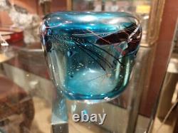 Vintage Claude Morin Vase Thick Glass France Abstract Blue Golden Rare Old 20th