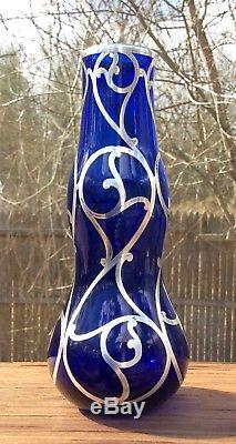 Vintage Cobalt Blue Art Glass Vase with Sterling Silver Overlay
