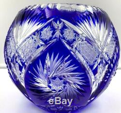 Vintage Cobalt Blue Bohemian Czech Cut to Clear large rose bowl 8 Vase