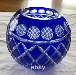 Vintage Cobalt Blue Cut Glass Rose Bowl Vase Intricate Czech Polish