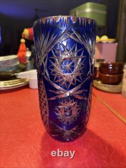 Vintage Cobalt Blue Cut To Clear Bohemian Crystal Vase 10 x 4.75 Beautiful