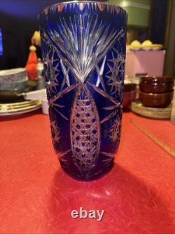 Vintage Cobalt Blue Cut To Clear Bohemian Crystal Vase 10 x 4.75 Beautiful