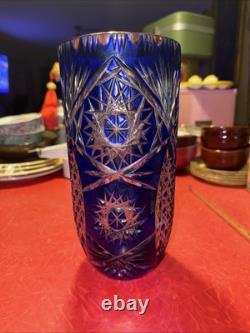 Vintage Cobalt Blue Cut To Clear Bohemian Crystal Vase 10 x 4.75 Beautiful
