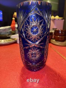 Vintage Cobalt Blue Cut To Clear Bohemian Crystal Vase 10 x 4.75 Beautiful
