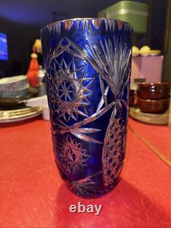Vintage Cobalt Blue Cut To Clear Bohemian Crystal Vase 10 x 4.75 Beautiful