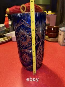 Vintage Cobalt Blue Cut To Clear Bohemian Crystal Vase 10 x 4.75 Beautiful