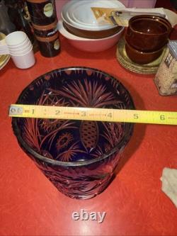 Vintage Cobalt Blue Cut To Clear Bohemian Crystal Vase 10 x 4.75 Beautiful