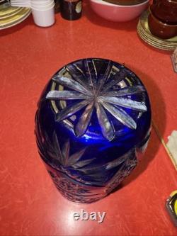 Vintage Cobalt Blue Cut To Clear Bohemian Crystal Vase 10 x 4.75 Beautiful