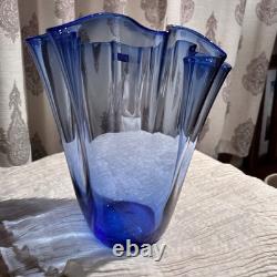 Vintage Cobalt Blue Glass Handkerchief Vase by Alicja Poland Ruffled Edge