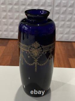 Vintage Cobalt Blue Glass Vase with Gold Etched Floral Swag Decoration