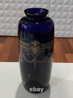 Vintage Cobalt Blue Glass Vase with Gold Etched Floral Swag Decoration