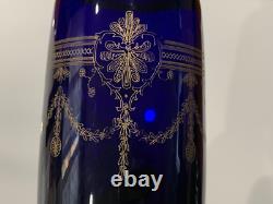 Vintage Cobalt Blue Glass Vase with Gold Etched Floral Swag Decoration