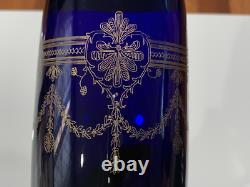 Vintage Cobalt Blue Glass Vase with Gold Etched Floral Swag Decoration