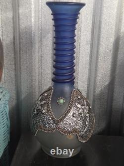 Vintage Cobalt Blue Moroccan Glass Vase with Faux Turquoise