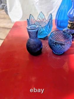 Vintage Cobalt Blue Pressed Glass Lot 8 Peice Bundle