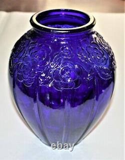 Vintage Cobalt Blue Ribbed & Raised Embossed Floral Pattern Glass Vase 12 Tall