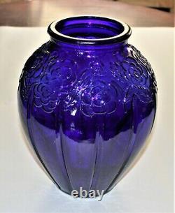 Vintage Cobalt Blue Ribbed & Raised Embossed Floral Pattern Glass Vase 12 Tall