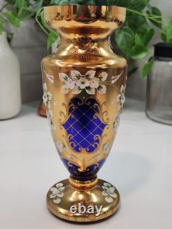 Vintage Cobalt Blue Vase Gilded Raised Enamel Flower Pedals Beautiful Glass