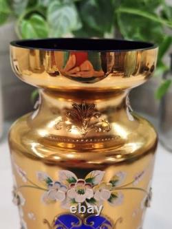Vintage Cobalt Blue Vase Gilded Raised Enamel Flower Pedals Beautiful Glass