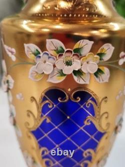 Vintage Cobalt Blue Vase Gilded Raised Enamel Flower Pedals Beautiful Glass