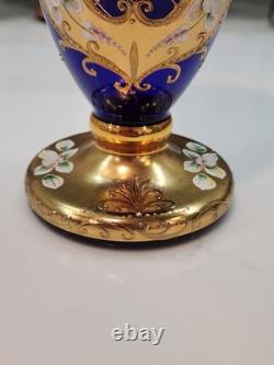Vintage Cobalt Blue Vase Gilded Raised Enamel Flower Pedals Beautiful Glass