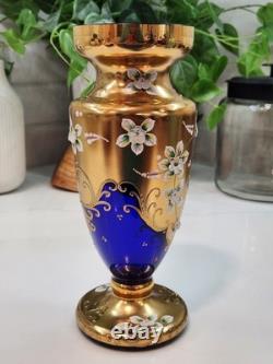 Vintage Cobalt Blue Vase Gilded Raised Enamel Flower Pedals Beautiful Glass