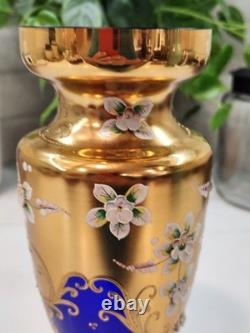 Vintage Cobalt Blue Vase Gilded Raised Enamel Flower Pedals Beautiful Glass