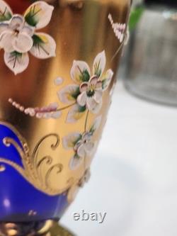 Vintage Cobalt Blue Vase Gilded Raised Enamel Flower Pedals Beautiful Glass