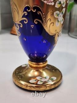 Vintage Cobalt Blue Vase Gilded Raised Enamel Flower Pedals Beautiful Glass