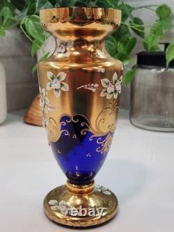 Vintage Cobalt Blue Vase Gilded Raised Enamel Flower Pedals Beautiful Glass