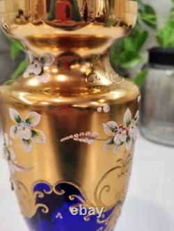 Vintage Cobalt Blue Vase Gilded Raised Enamel Flower Pedals Beautiful Glass