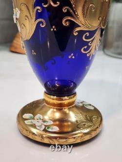 Vintage Cobalt Blue Vase Gilded Raised Enamel Flower Pedals Beautiful Glass