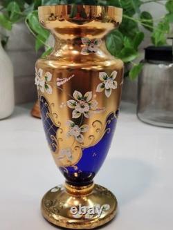 Vintage Cobalt Blue Vase Gilded Raised Enamel Flower Pedals Beautiful Glass