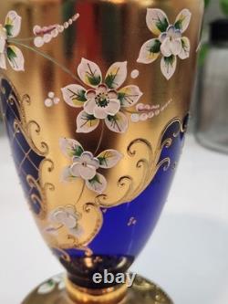 Vintage Cobalt Blue Vase Gilded Raised Enamel Flower Pedals Beautiful Glass