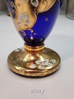Vintage Cobalt Blue Vase Gilded Raised Enamel Flower Pedals Beautiful Glass