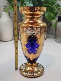 Vintage Cobalt Blue Vase Gilded Raised Enamel Flower Pedals Beautiful Glass