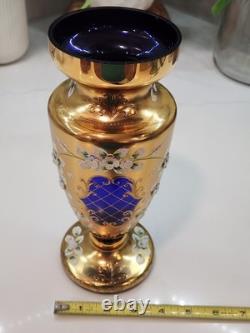 Vintage Cobalt Blue Vase Gilded Raised Enamel Flower Pedals Beautiful Glass