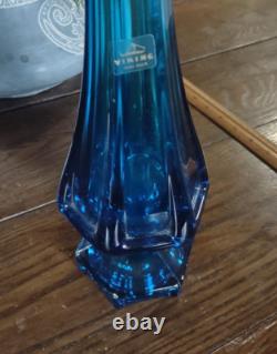 Vintage Cobalt Blue Viking 6 Panel Pedestal Art Glass Swung Vase 17