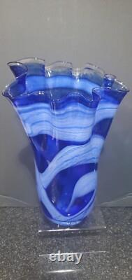 Vintage Cobalt Blue White Swirl Handkerchief Handblown Art Glass Vase 13 Tall